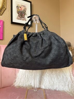 💯 Auth! GUCCI Black Denim Monogram Hobo Bag w Gold Hardware and Leather Straps